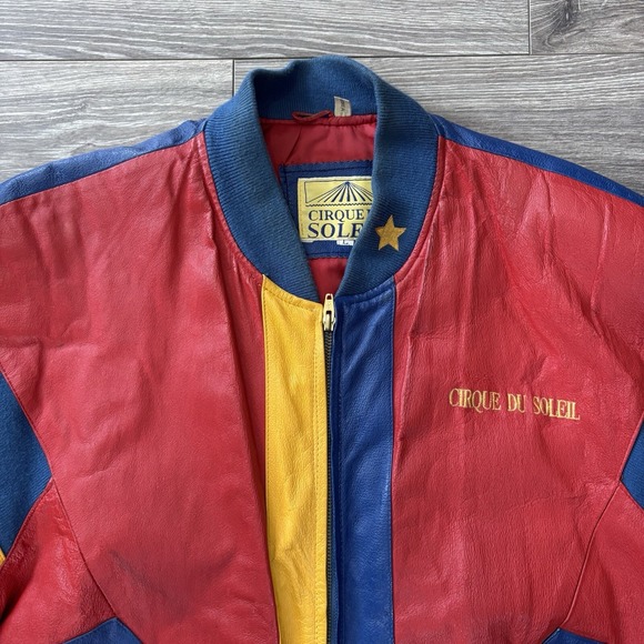 Vintage Cirque du Soleil Color Block Leather Coat Jacket Circa 1993 Size Large - Picture 2 of 16